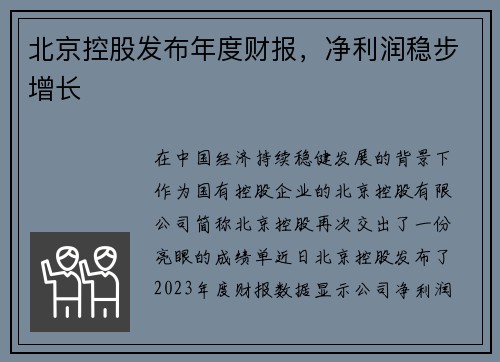 北京控股发布年度财报，净利润稳步增长