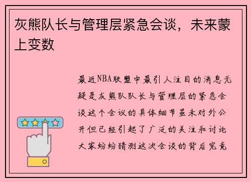 灰熊队长与管理层紧急会谈，未来蒙上变数