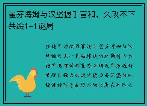 霍芬海姆与汉堡握手言和，久攻不下共绘1-1谜局